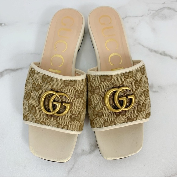 GUCCI Monogram Matelasse GG Marmont Flat Slide Sandals Beige Ebony Mystic White - Picture 4 of 15